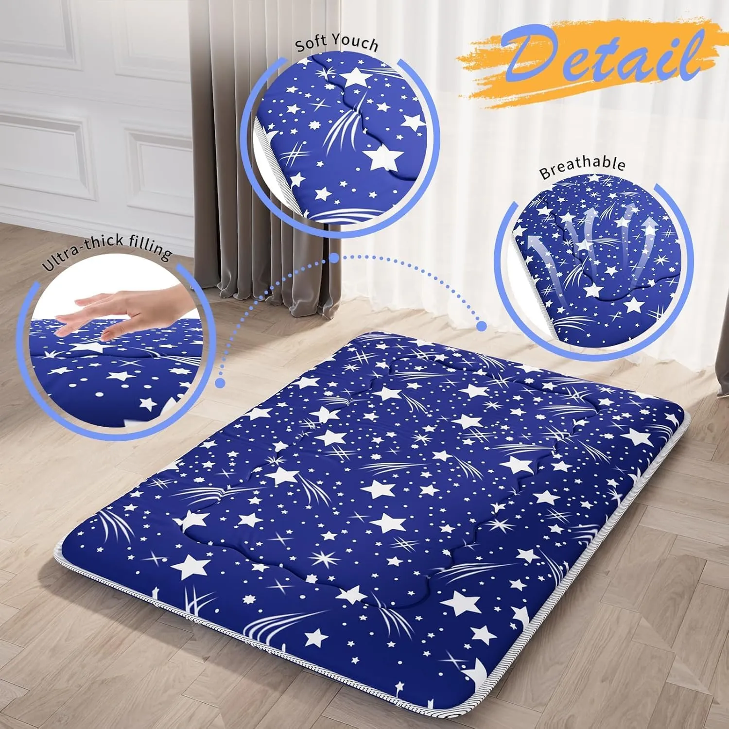 Japanese Futon Mattress, Foldable Tatami Mat Portable Dormitory Sleeping Pad with Bag & Strap, Floor Mattress Thicken Sleeping Roll up Camping (Blue WS1,39" X80")