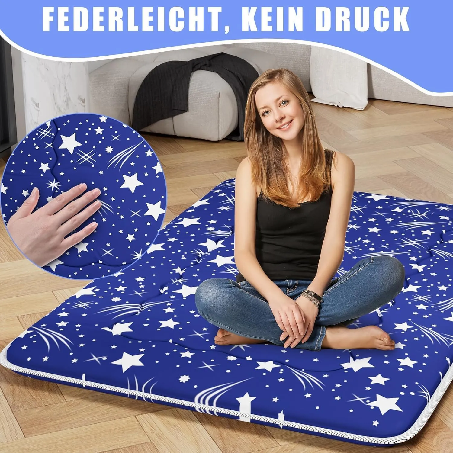 Japanese Futon Mattress, Foldable Tatami Mat Portable Dormitory Sleeping Pad with Bag & Strap, Floor Mattress Thicken Sleeping Roll up Camping (Blue WS1,39" X80")
