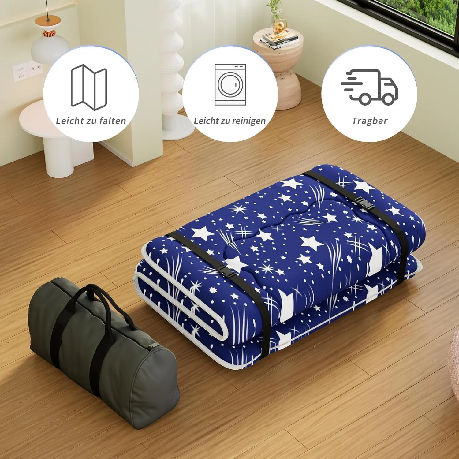 Japanese Futon Mattress, Foldable Tatami Mat Portable Dormitory Sleeping Pad with Bag & Strap, Floor Thicken Sleeping Roll up Camping Mattress (Blue WS1, 48"X80")