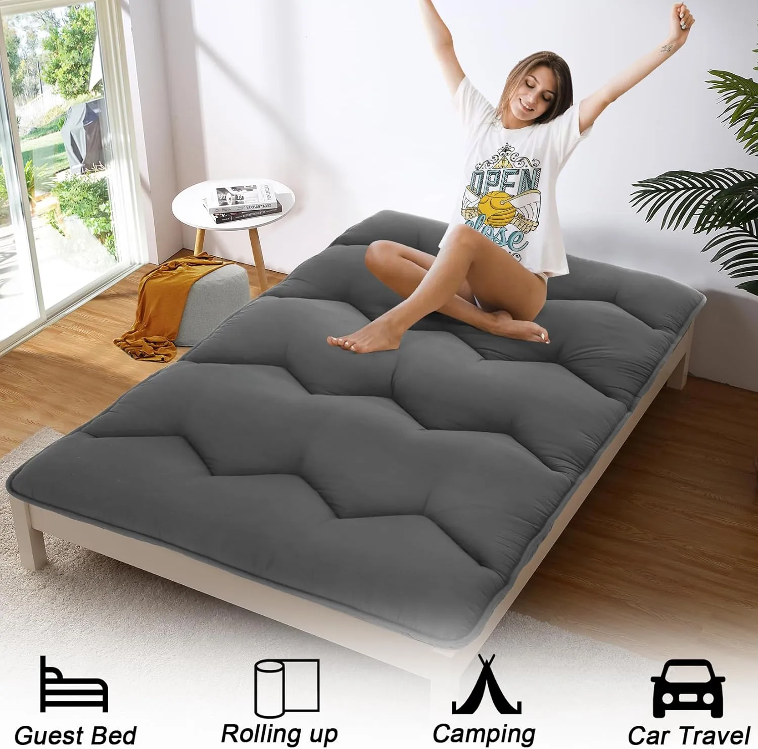 Japanese Futon Mattress, Full Size Foldable Japanese Style Floor Mattress Roll Up, Tatami Mat, Camping Mattress Pad, Dark Grey