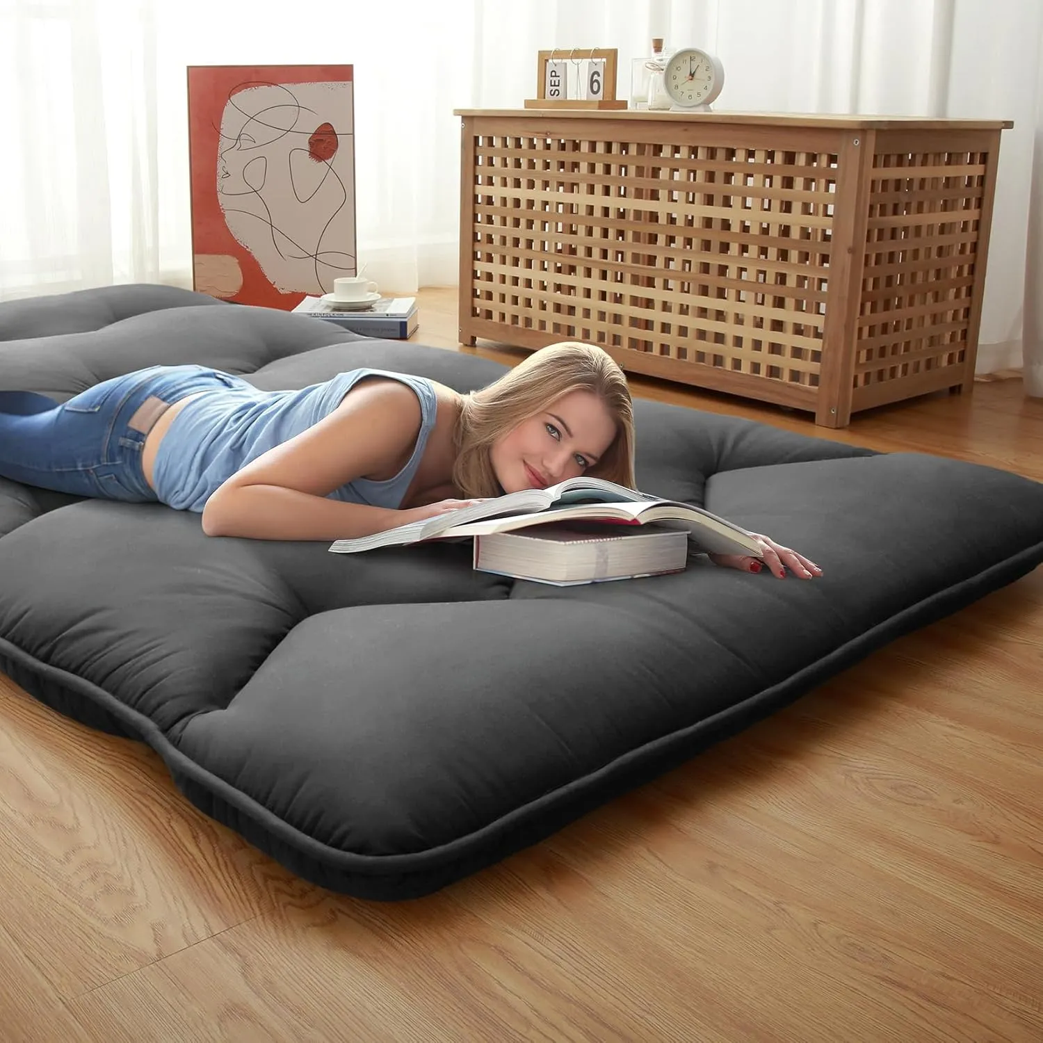 Japanese Futon Mattress, Full Size Foldable Japanese Style Floor Mattress Roll Up, Tatami Mat, Camping Mattress Pad, Dark Grey