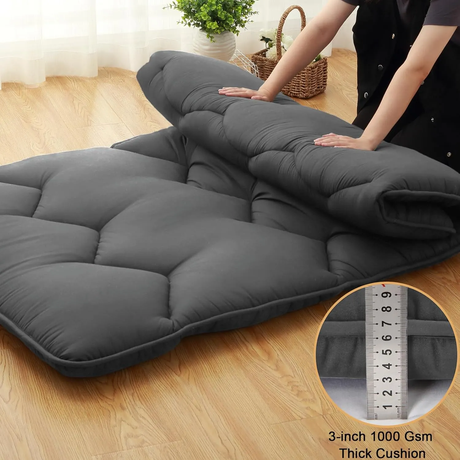 Japanese Futon Mattress, Full Size Foldable Japanese Style Floor Mattress Roll Up, Tatami Mat, Camping Mattress Pad, Dark Grey