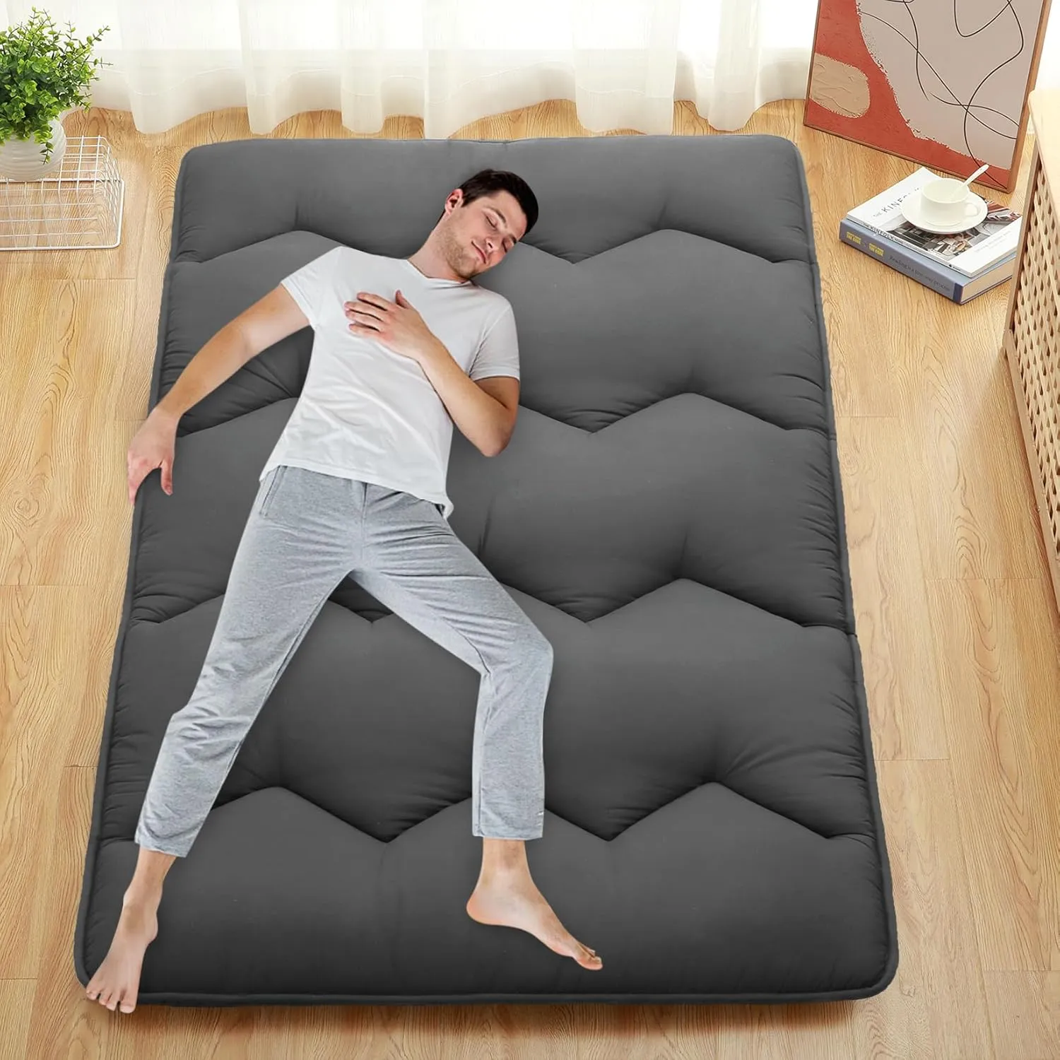 Japanese Futon Mattress, Full Size Foldable Japanese Style Floor Mattress Roll Up, Tatami Mat, Camping Mattress Pad, Dark Grey