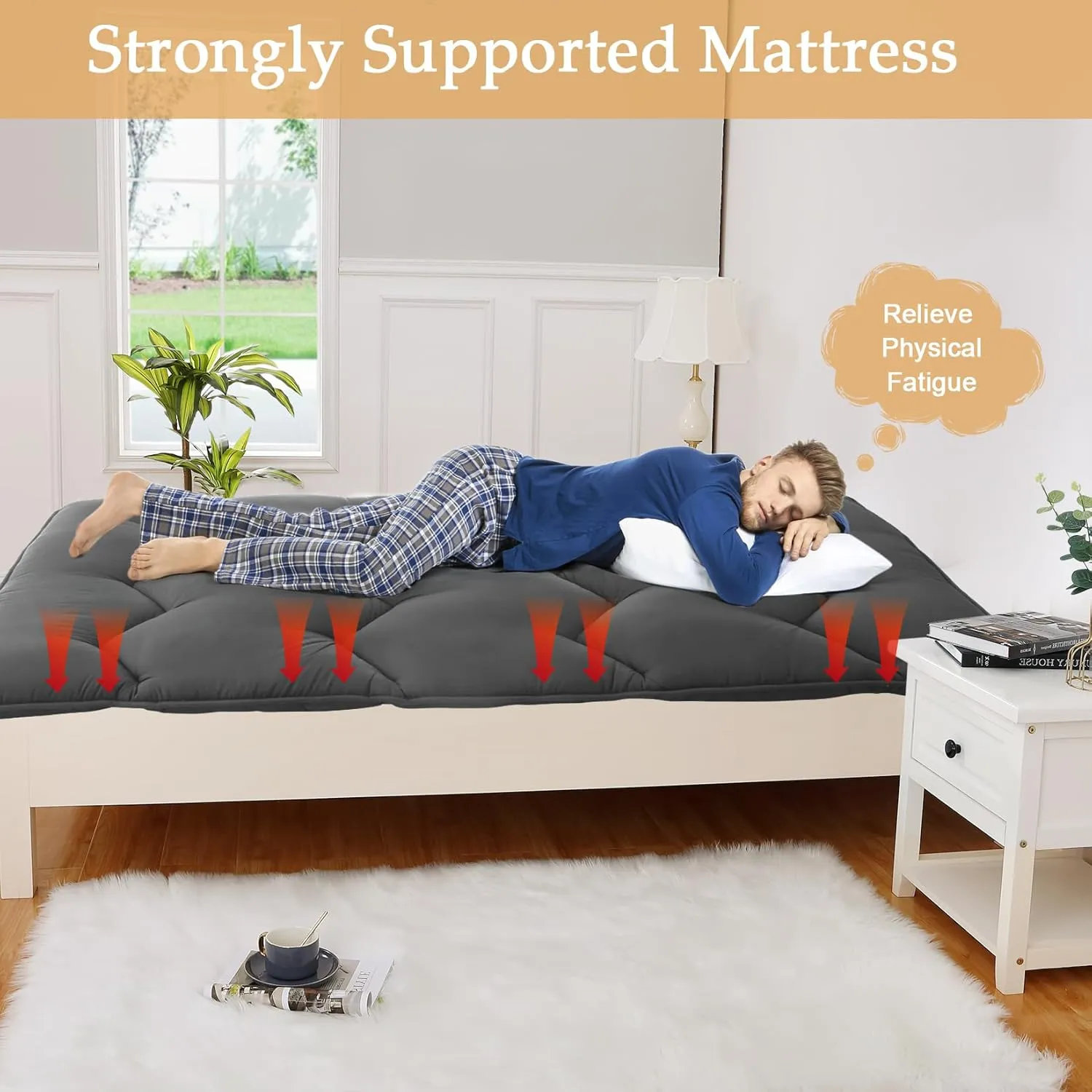 Japanese Futon Mattress, Full Size Foldable Japanese Style Floor Mattress Roll Up, Tatami Mat, Camping Mattress Pad, Dark Grey