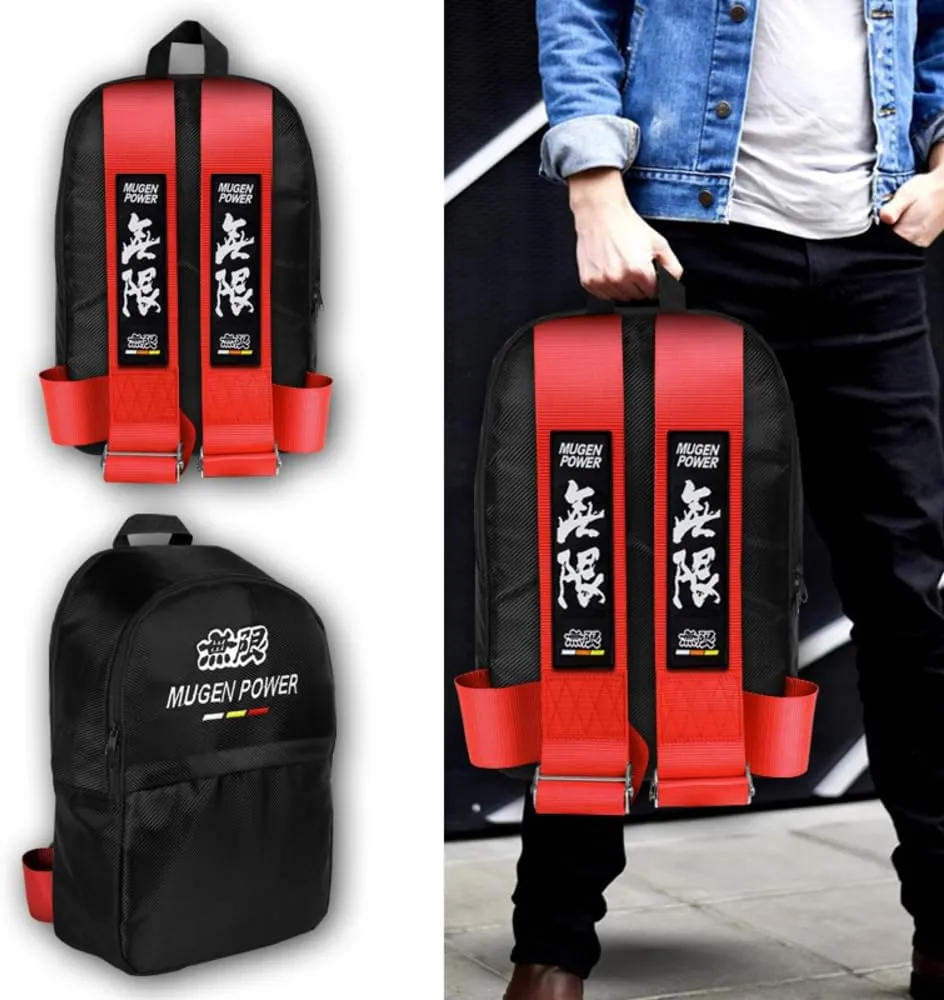 JDM Bride Recaro Racing Laptop Travel Backpack Carbon Fiber Style with Adjustable Harness Straps (MUGEN-Red Strap)