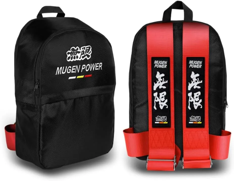 JDM Bride Recaro Racing Laptop Travel Backpack Carbon Fiber Style with Adjustable Harness Straps (MUGEN-Red Strap)