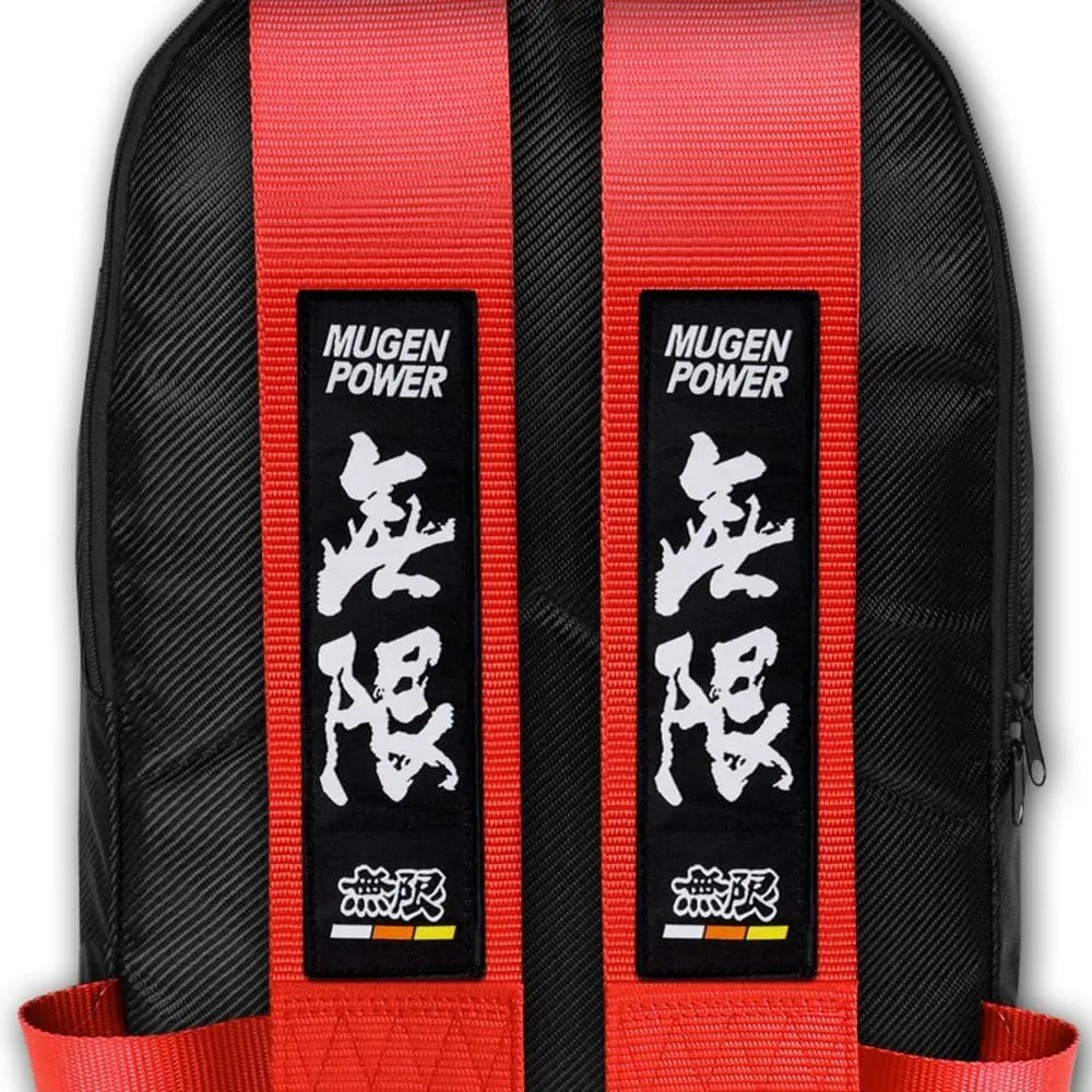 JDM Bride Recaro Racing Laptop Travel Backpack Carbon Fiber Style with Adjustable Harness Straps (MUGEN-Red Strap)
