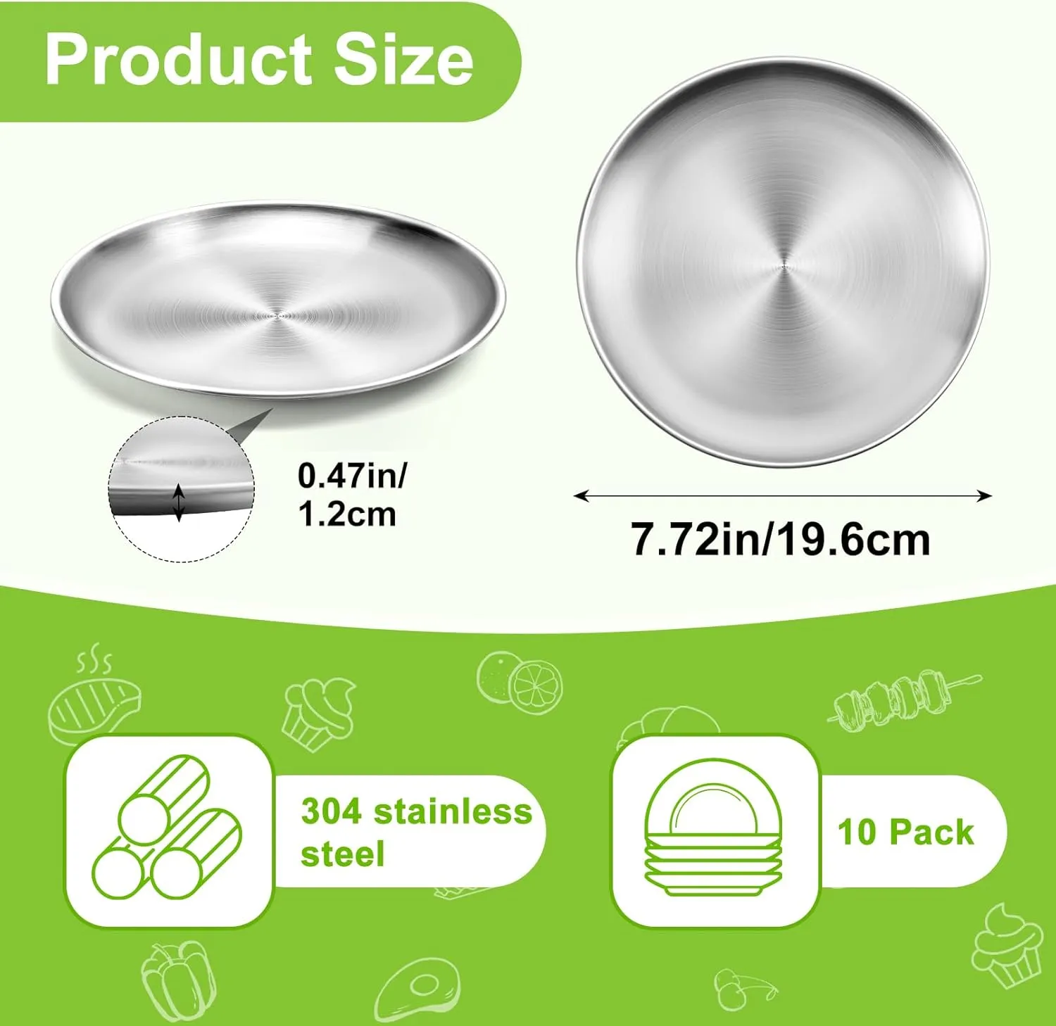 Jeffbaubl 10 Pack Stainless Steel Plates,7.8 Inch Round Salad Plates, Unbreakable Metal 304 Dinner Dishes,Lightweight Feeding Serving Camping Plate, Reusable and Dishwasher Safe