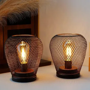 JHY DESIGN Set of 2 Metal Cage LED Lantern Battery Powered Lamp Cordless Accent Light with LED Edsion Style Bulb Great for Weddings Patio Events for Indoors Outdoors（Diamond Shape