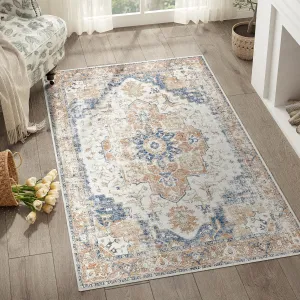 jinchan Area Rug 3x5 Washable Entryway Rug Vintage Indoor Doormat Distressed Thin Mat Lightweight Non-Slip Stain Resistant Low Pile Carpet for Kitchen Living Room Bedroom Dining Room Office Orange