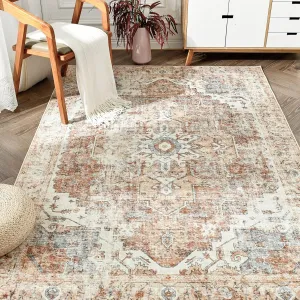 jinchan Area Rug 5x7 Washable Bedroom Rug Vintage Indoor Floor Cover Distressed Lightweight Non-Slip Low Pile Thin Mat Stain Resistant Carpet for Living Room Dining Room Kitchen Office Brick Red