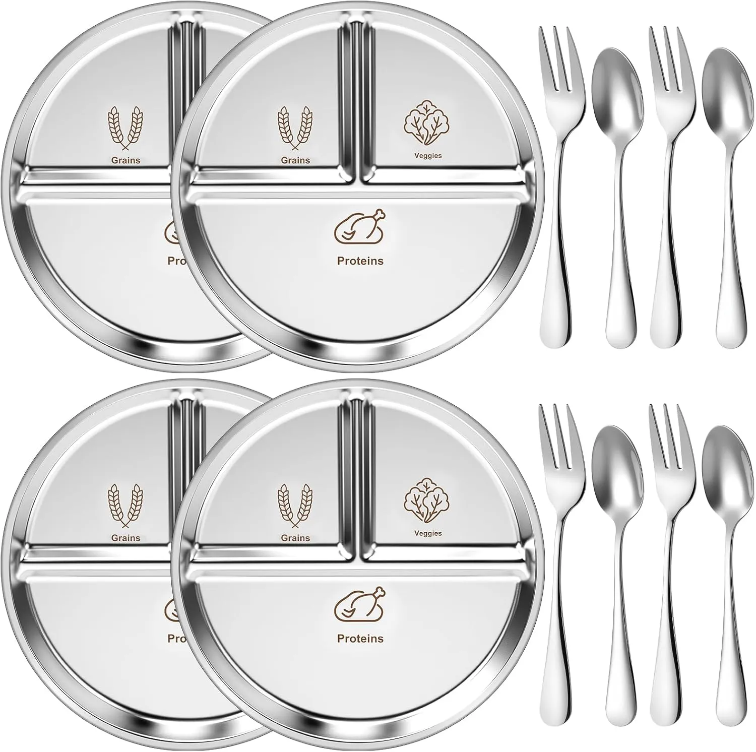 Jinei 4 Set 9 Inches Stainless Steel Bariatric Portion Control Plate and Silverware Set 3 Divided Sections Metal Bariatric Bowls Containers for Portion Control, Diet and Weight Loss, Fitness