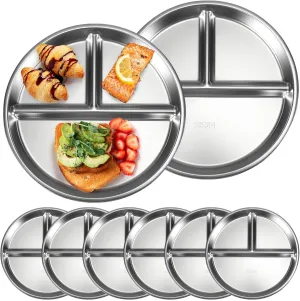 Jinei 8 Pack Stainless Steel Kids Plate 9" Divided Plates Stainless Steel Portion Control Plate Divided Food Tray Portion Plates for Adults