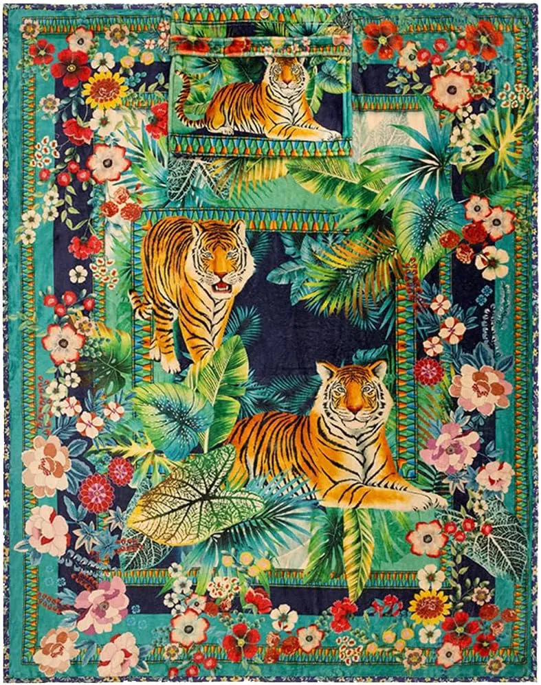 Johnny Was Tigres Travel Blanket Cream Reversible Blue Floral Home Lounge New