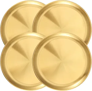 JOIKIT 4 Pack 10 Inch Gold Stainless Steel Plate, Round Metal Dinner Plates, Kitchenware Dinner Dishes Serving Tray Large Camping Plates for BBQ, Snack, Food Serving, Dishwasher Safe