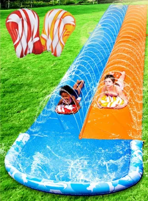 JOYIN 32.5FT Water Slide and 2 Inflatable Boards, Extra Long Double Lawn Heavy Duty Splash Mat Pad with Sprinkler for Kids Adults Backyard Summer Water Toy Outdoor Fun, Blue, Orange