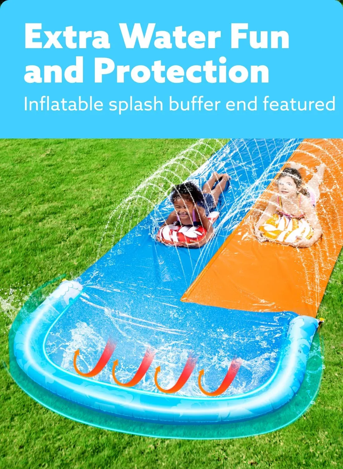 JOYIN 32.5FT Water Slide and 2 Inflatable Boards, Extra Long Double Lawn Heavy Duty Splash Mat Pad with Sprinkler for Kids Adults Backyard Summer Water Toy Outdoor Fun, Blue, Orange
