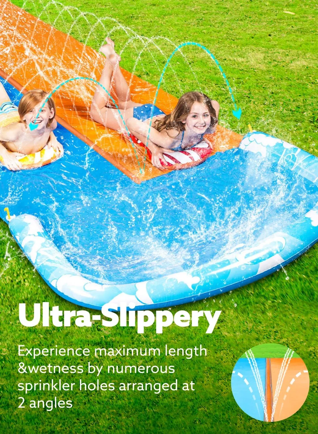 JOYIN 32.5FT Water Slide and 2 Inflatable Boards, Extra Long Double Lawn Heavy Duty Splash Mat Pad with Sprinkler for Kids Adults Backyard Summer Water Toy Outdoor Fun, Blue, Orange