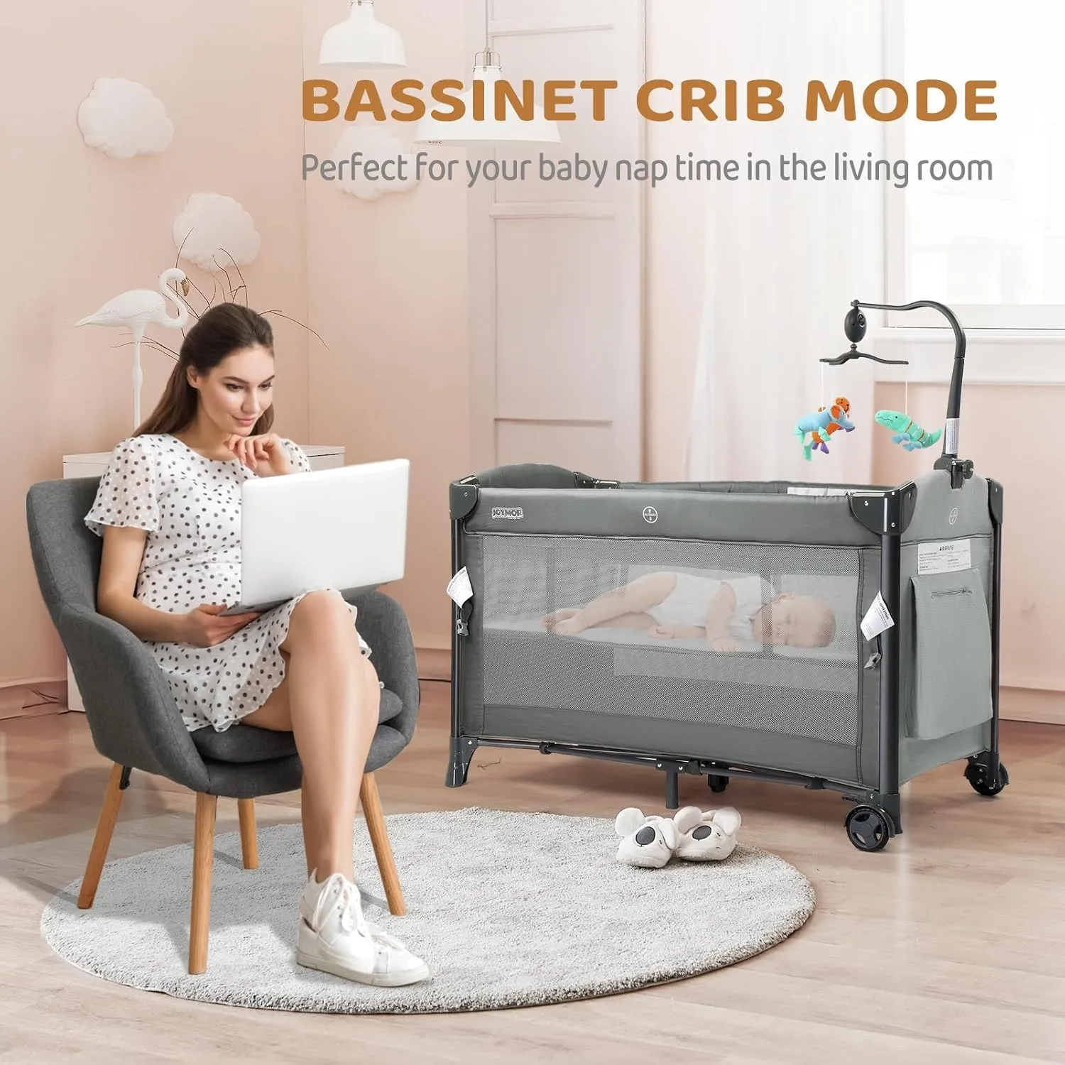 JOYMOR Baby Bedside Bassinet, Baby Bassinet, Pack n Play Convert Playpen, Quick Foldable Travel Bed with Toy, Wheels & Brake, Carry Bag for Boys Girls (Gray)