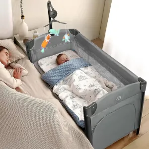 JOYMOR Baby Bedside Bassinet, Baby Bassinet, Pack n Play Convert Playpen, Quick Foldable Travel Bed with Toy, Wheels & Brake, Carry Bag for Boys Girls (Gray)