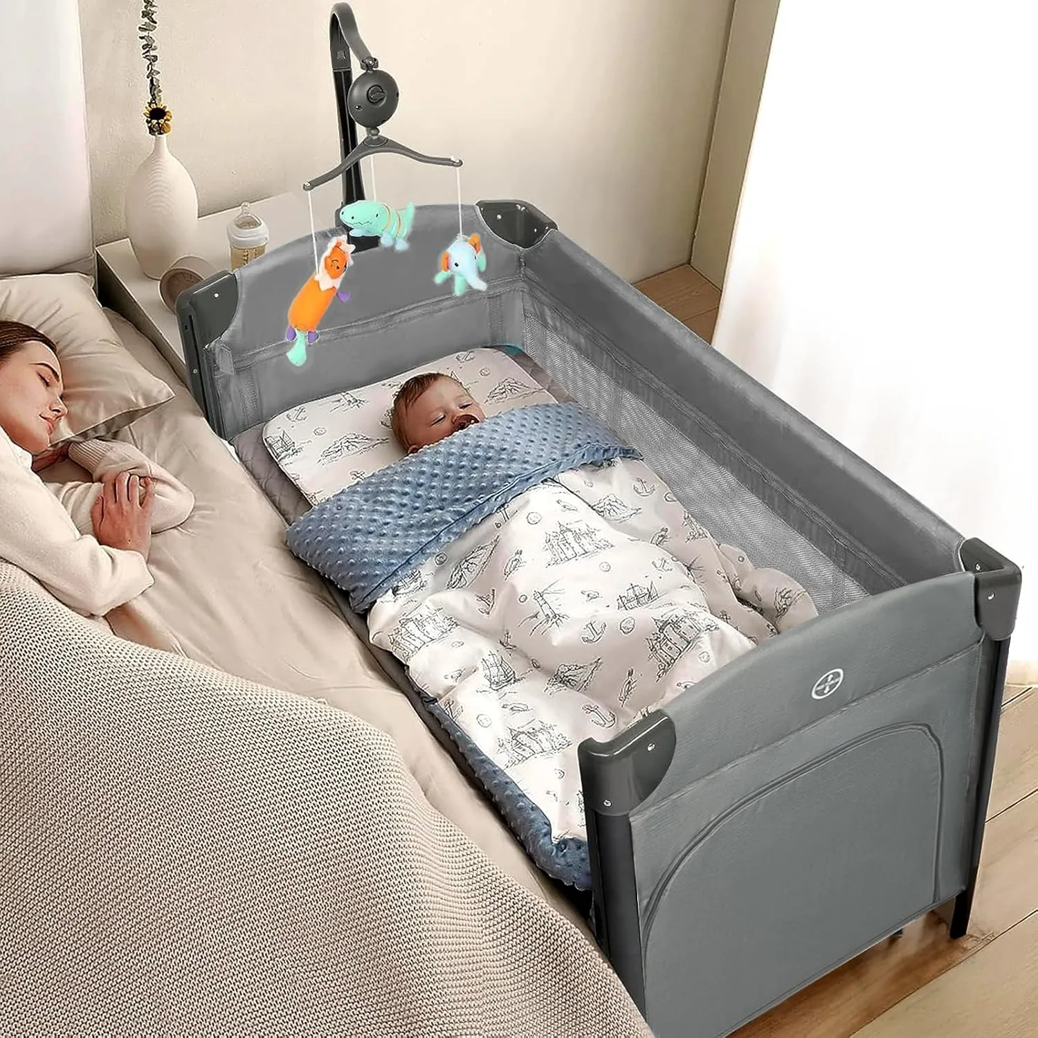 JOYMOR Baby Bedside Bassinet, Baby Bassinet, Pack n Play Convert Playpen, Quick Foldable Travel Bed with Toy, Wheels & Brake, Carry Bag for Boys Girls (Gray)