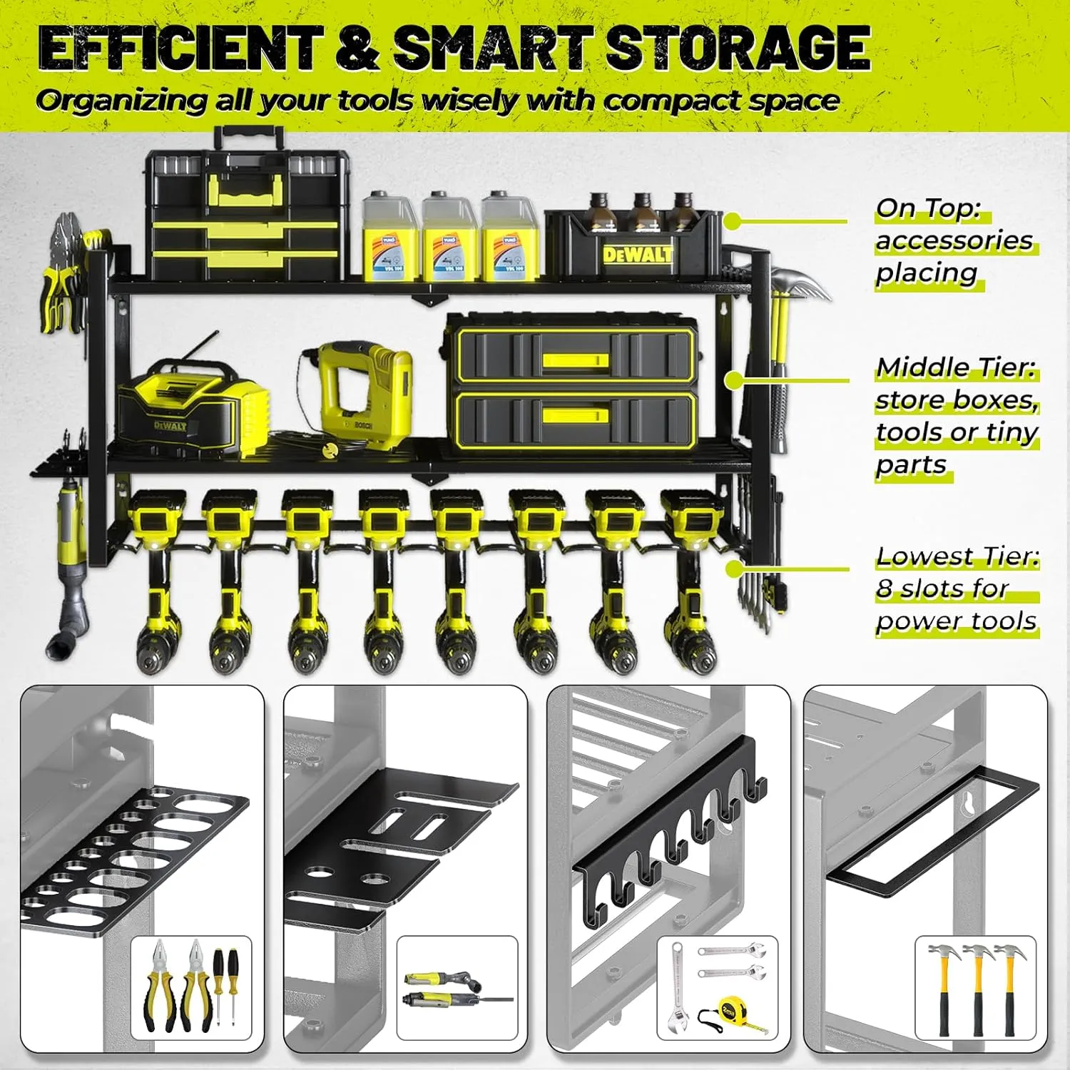KAFAHOM Power Tool Organizer for Tool Storage, 8 Drill Holder Wall Mount, Tool Holder and Storage Rack for Garage Organization, Heavy Duty Metal Tool Shelf with Air tool/Screwdriver/Hammer Holder