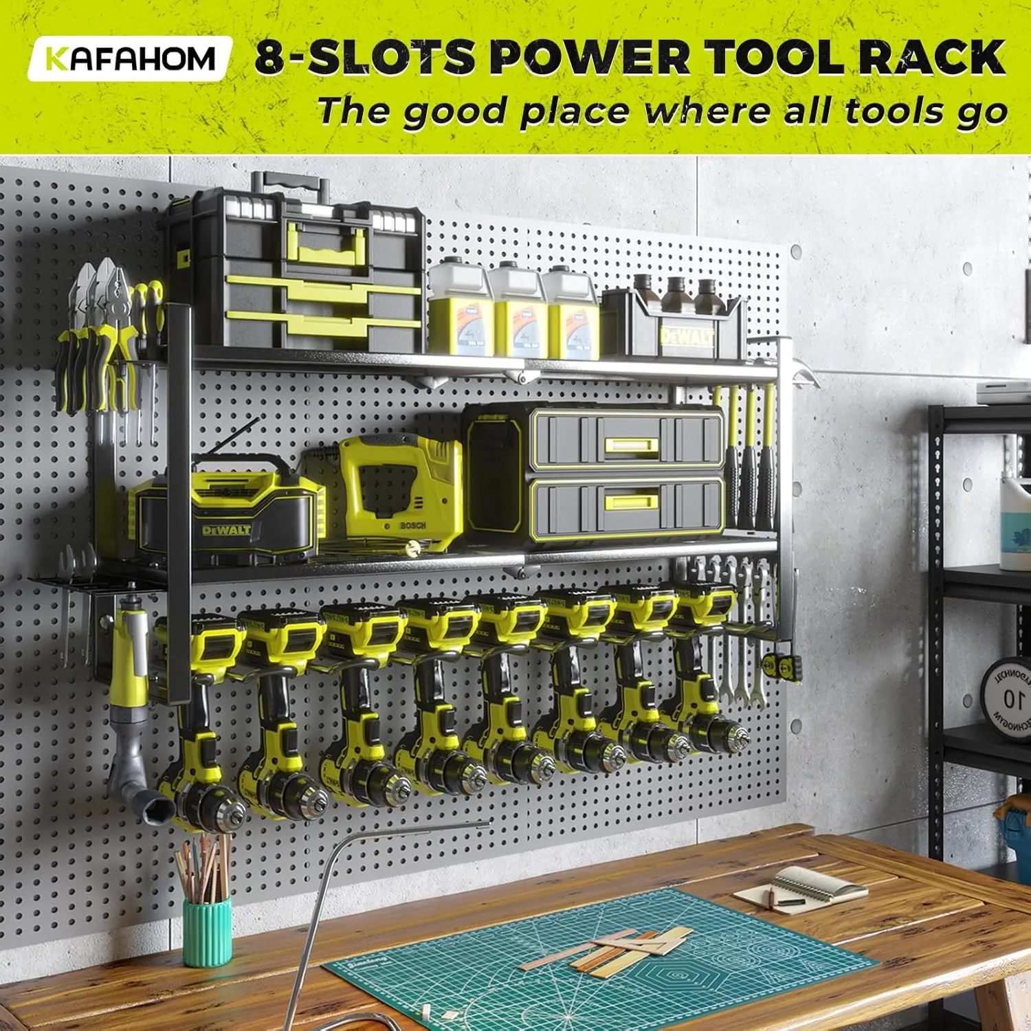 KAFAHOM Power Tool Organizer for Tool Storage, 8 Drill Holder Wall Mount, Tool Holder and Storage Rack for Garage Organization, Heavy Duty Metal Tool Shelf with Air tool/Screwdriver/Hammer Holder