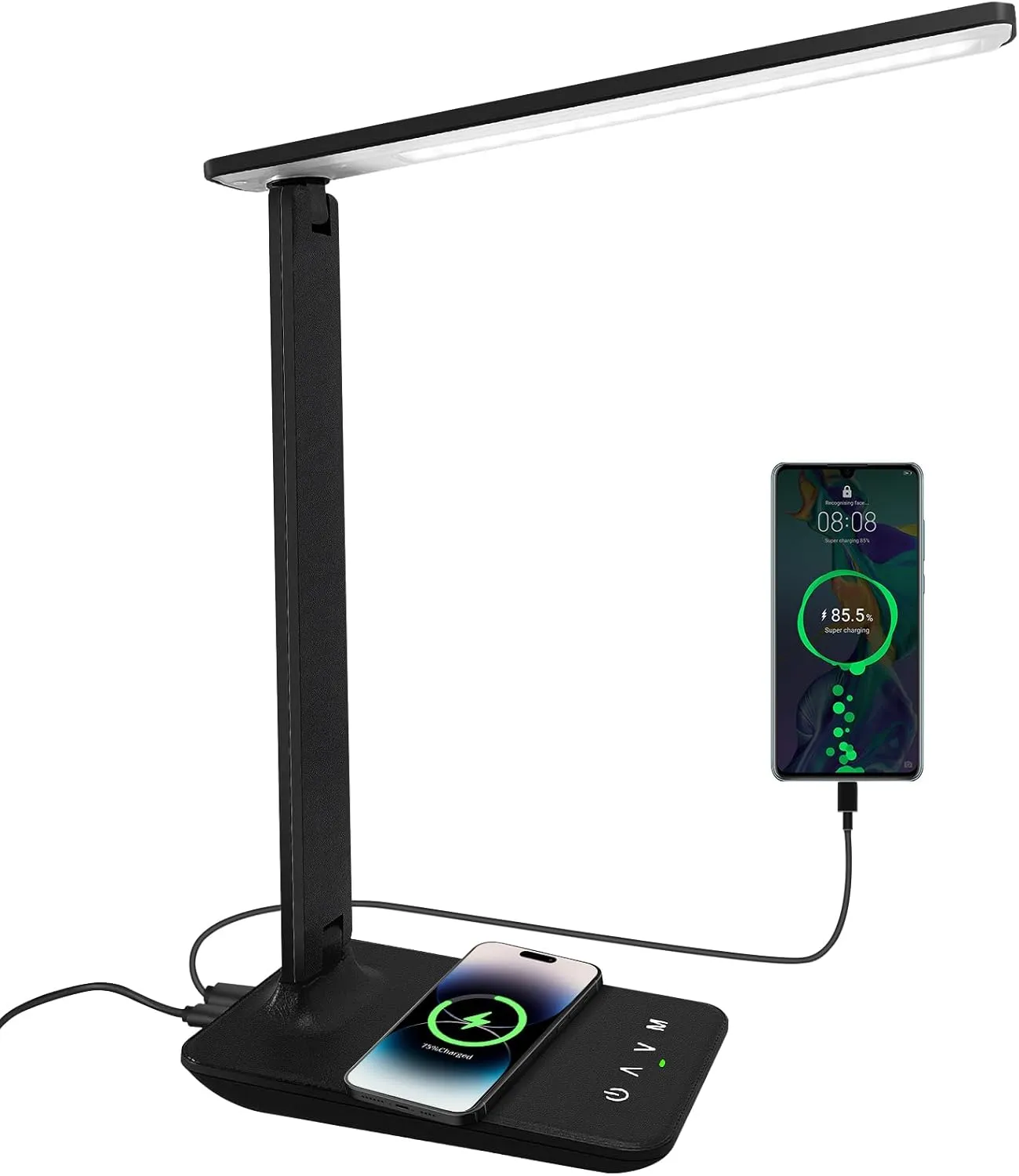 karidi LED Desk Lamp with Wireless Charger, Dimmable Table Lamp Reading Lamp with USB Charging Port, 5 Lighting Modes, Sensitive Control, Foldable Portable Desk Light for Home Office Bedroom Reading