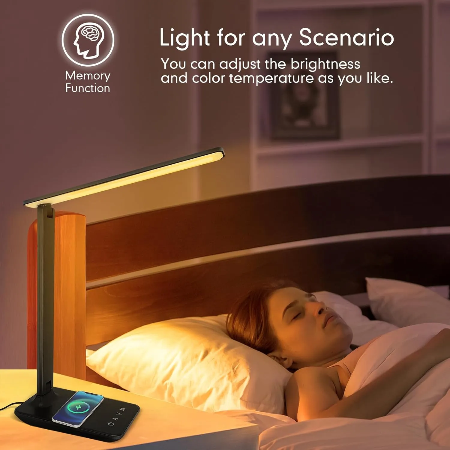 karidi LED Desk Lamp with Wireless Charger, Dimmable Table Lamp Reading Lamp with USB Charging Port, 5 Lighting Modes, Sensitive Control, Foldable Portable Desk Light for Home Office Bedroom Reading