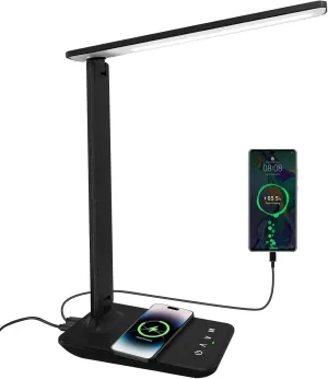 karidi LED Desk Lamp with Wireless Charger, Dimmable Table Lamp Reading Lamp with USB Charging Port, 5 Lighting Modes, Sensitive Control, Foldable Portable Desk Light for Home Office Bedroom Reading