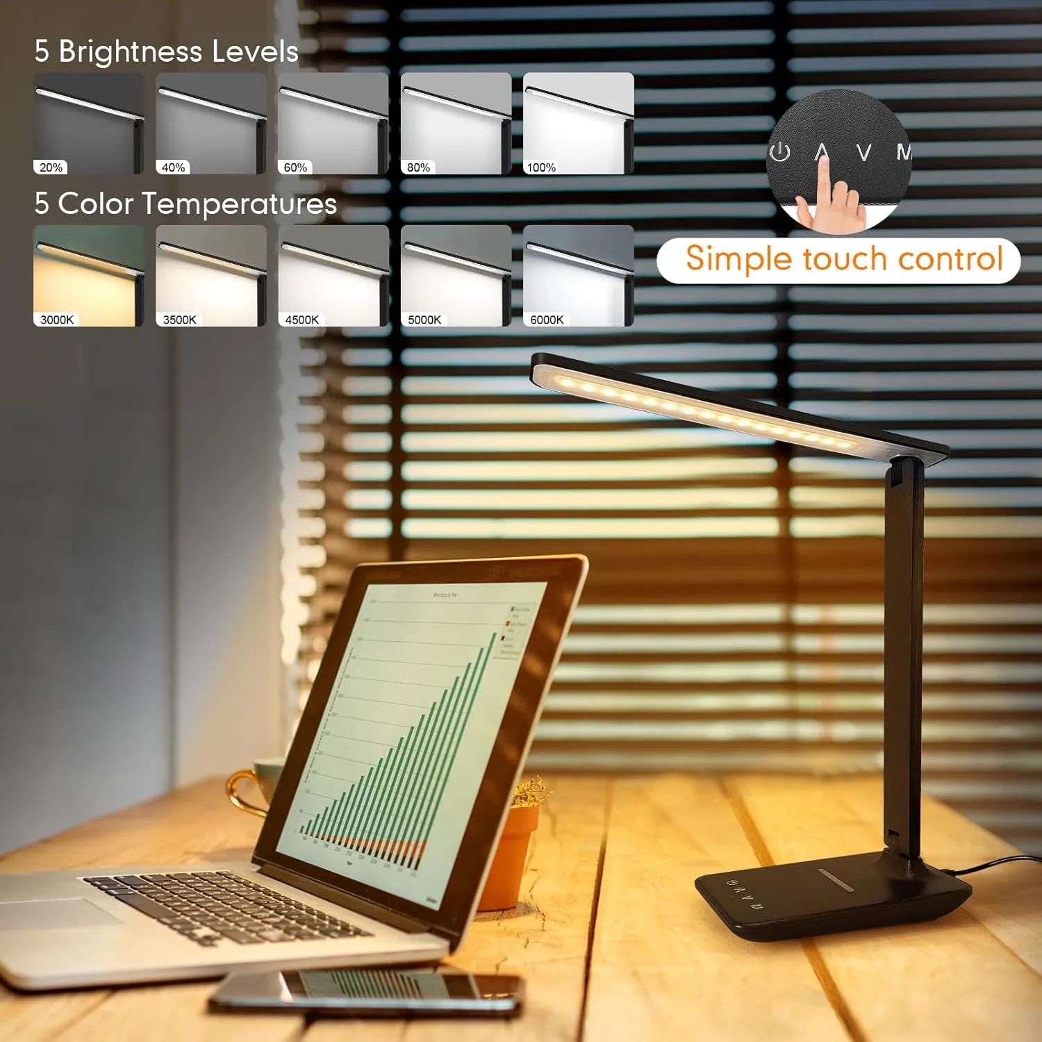 karidi LED Desk Lamp with Wireless Charger, Dimmable Table Lamp Reading Lamp with USB Charging Port, 5 Lighting Modes, Sensitive Control, Foldable Portable Desk Light for Home Office Bedroom Reading