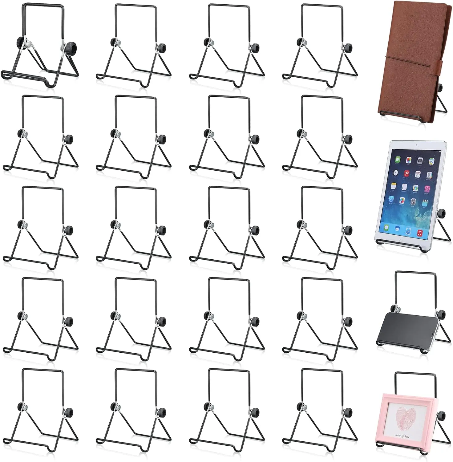 Kenning 24 Pcs Adjustable Metal Easels to Display Bulk 5. 5" x 7. 1" Book Stand Foldable Plate Stands for Display Picture Frame Photos Cookbooks(Black,Double Corners)