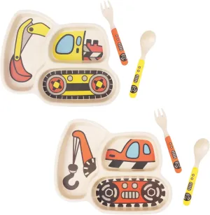 Kids Plate Set, Included Plate Fork and Spoon 3-Piece Set - Toddler Plates Dinnerware Dinner Dish Set Baby Feeding Divided Plate - Child Portion Control Dish Tray (Excavator Hook truck)