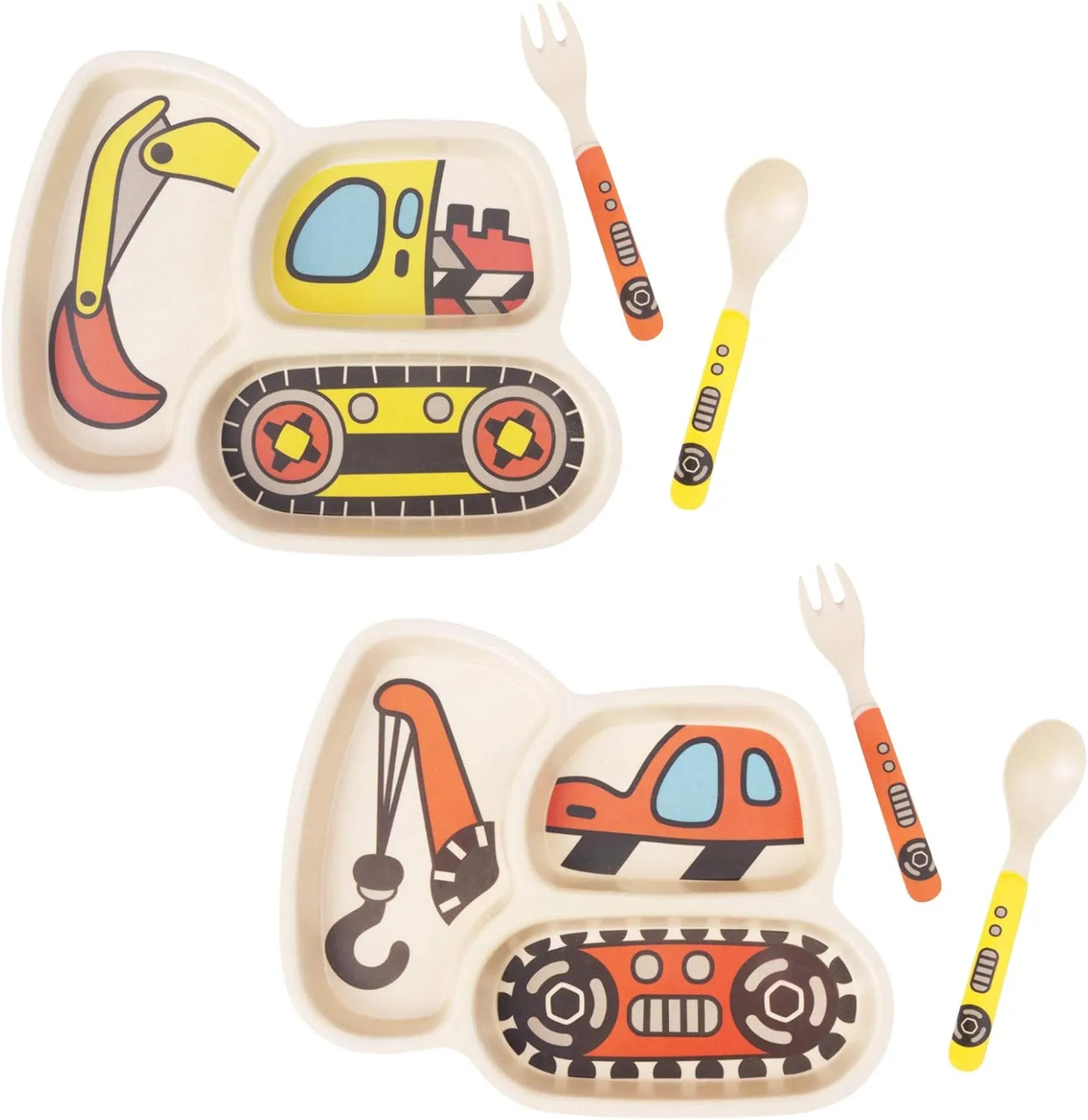 Kids Plate Set, Included Plate Fork and Spoon 3-Piece Set - Toddler Plates Dinnerware Dinner Dish Set Baby Feeding Divided Plate - Child Portion Control Dish Tray (Excavator Hook truck)