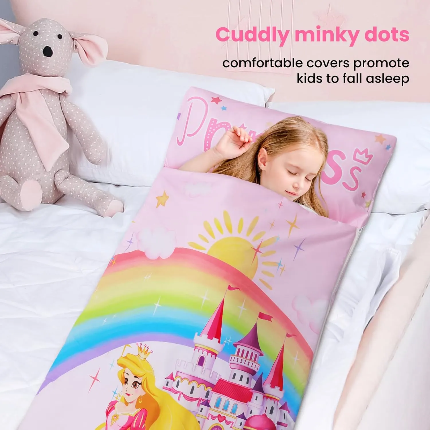 Kids Sleeping Bag Toddler Nap Mat with Removable Pillow, Large Foldable Sleeping Bag for Girls Boys, Easy Clean Slumber Bag with Double Zip for Camping School Preschool Daycare, 59×24 inch
