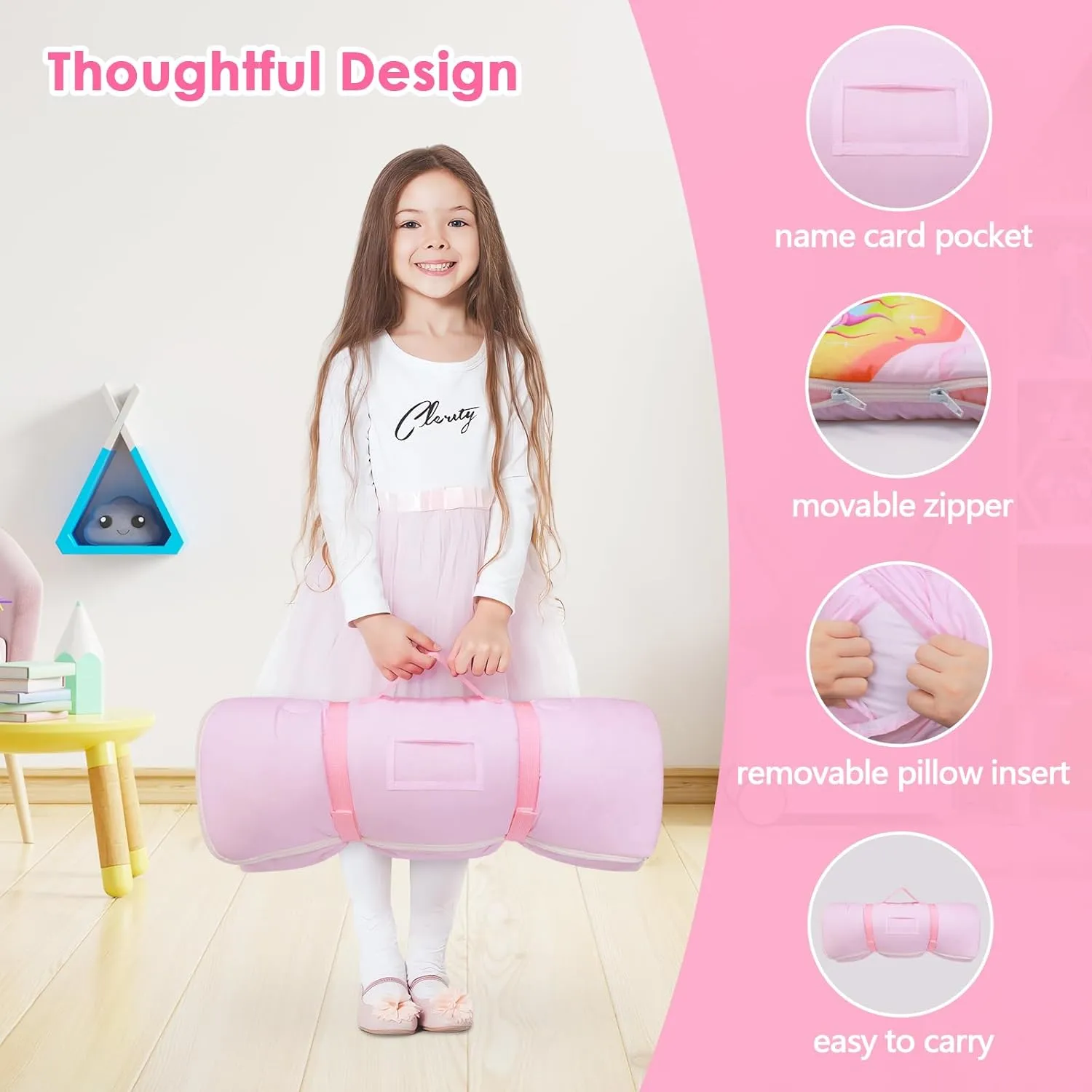 Kids Sleeping Bag Toddler Nap Mat with Removable Pillow, Large Foldable Sleeping Bag for Girls Boys, Easy Clean Slumber Bag with Double Zip for Camping School Preschool Daycare, 59×24 inch