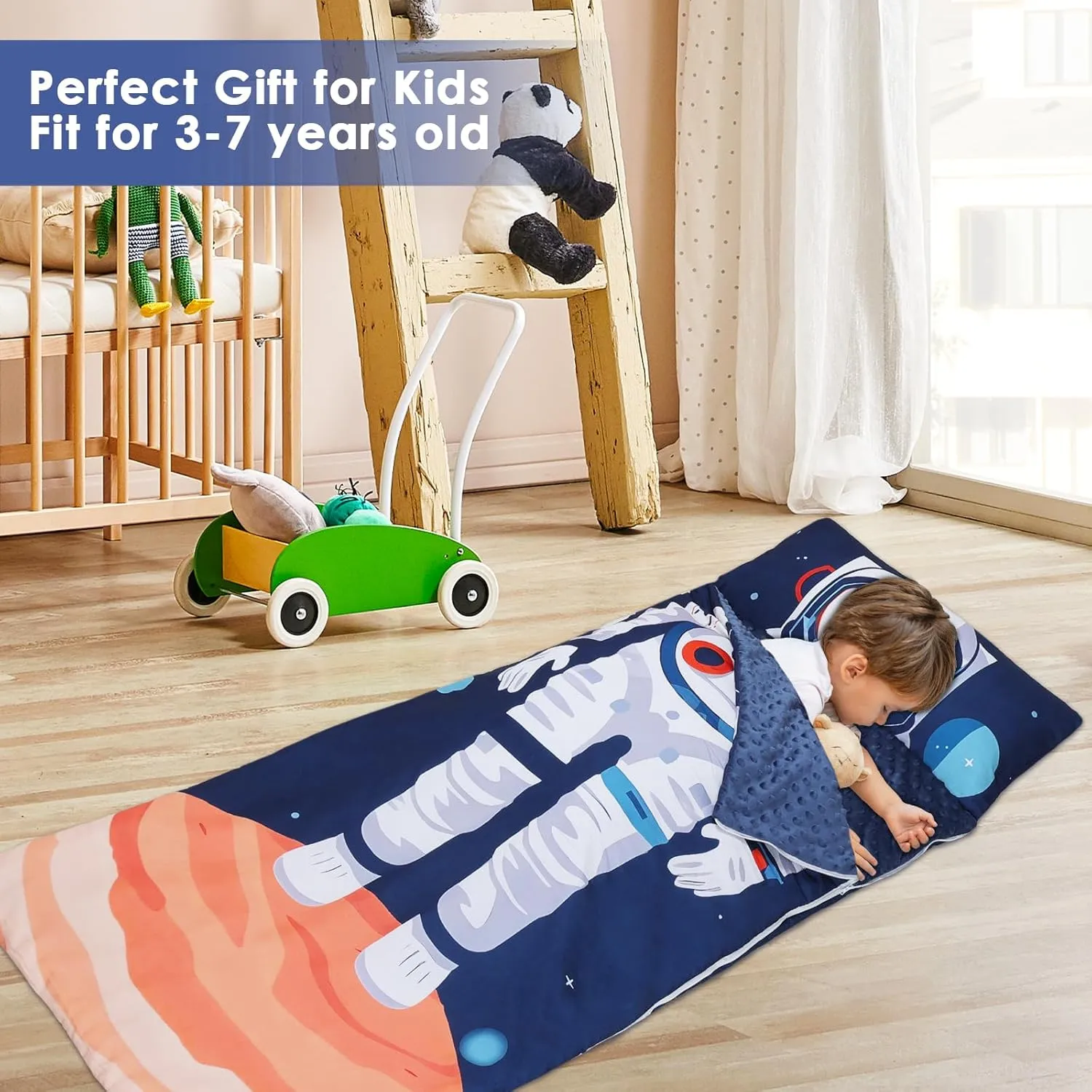 Kids Sleeping Bag Toddler Nap Mat with Removable Pillow, Large Foldable Sleeping Bag for Girls Boys, Easy Clean Slumber Bag with Double Zip for Camping School Preschool Daycare, 59×24 inch