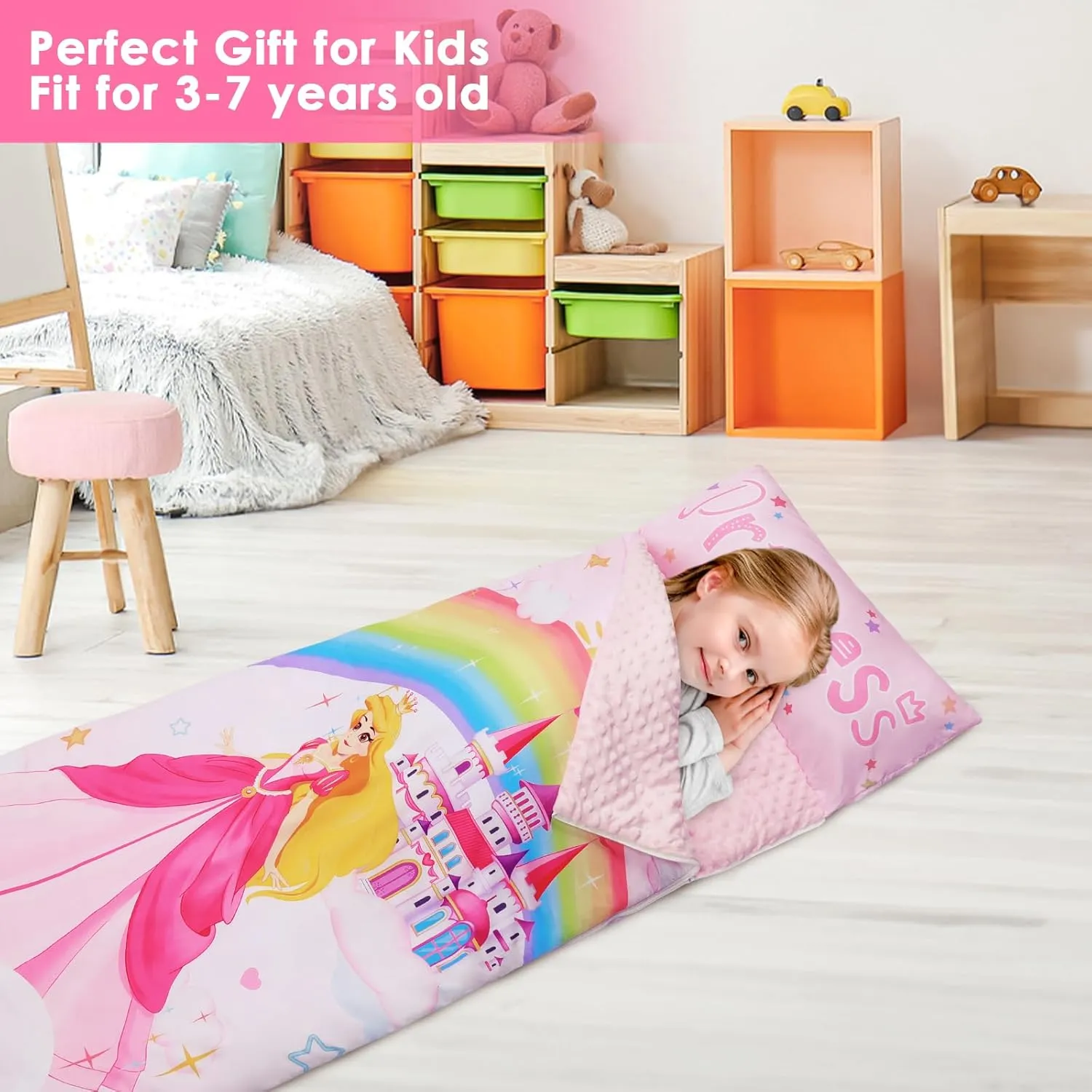 Kids Sleeping Bag Toddler Nap Mat with Removable Pillow, Large Foldable Sleeping Bag for Girls Boys, Easy Clean Slumber Bag with Double Zip for Camping School Preschool Daycare, 59×24 inch