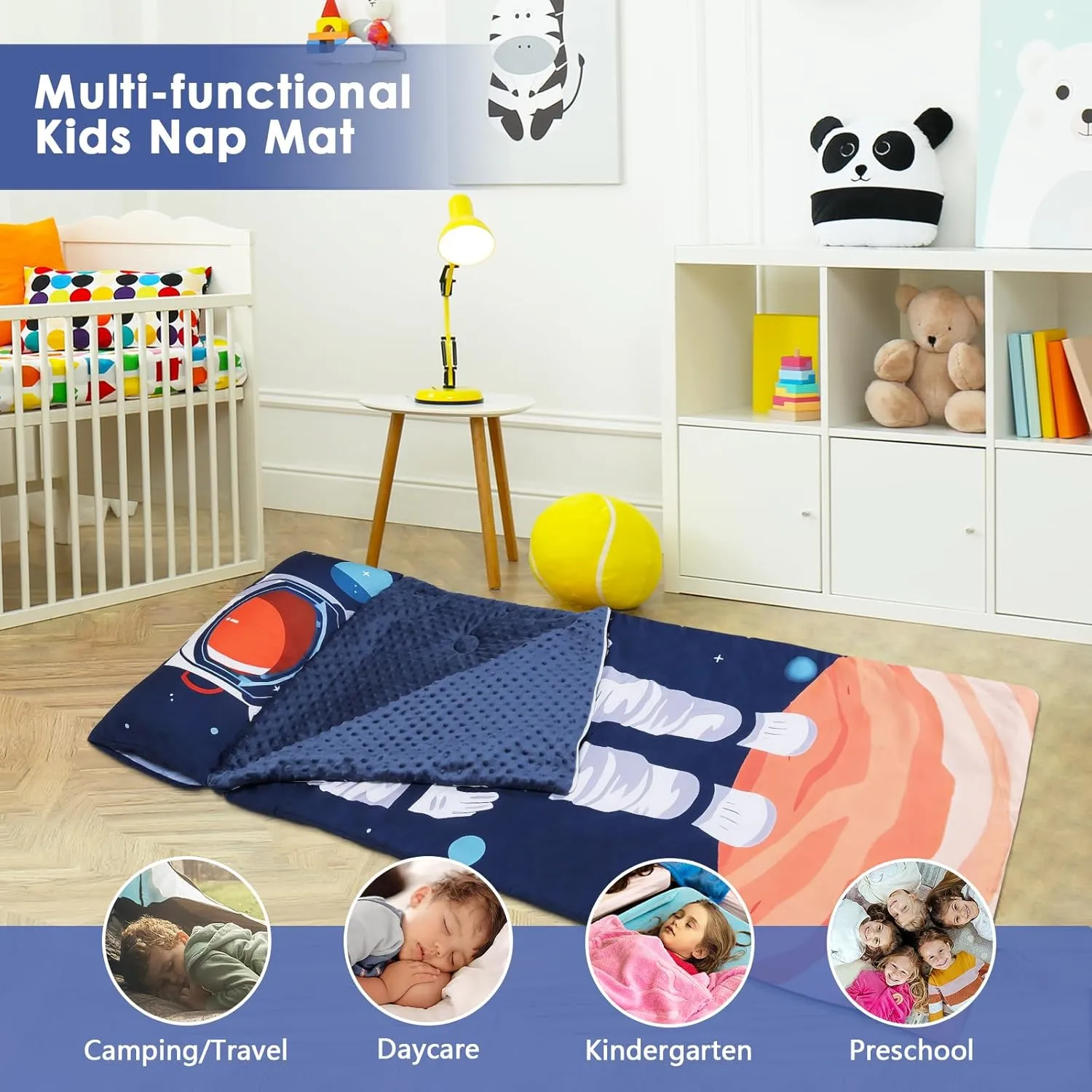 Kids Sleeping Bag Toddler Nap Mat with Removable Pillow, Large Foldable Sleeping Bag for Girls Boys, Easy Clean Slumber Bag with Double Zip for Camping School Preschool Daycare, 59×24 inch
