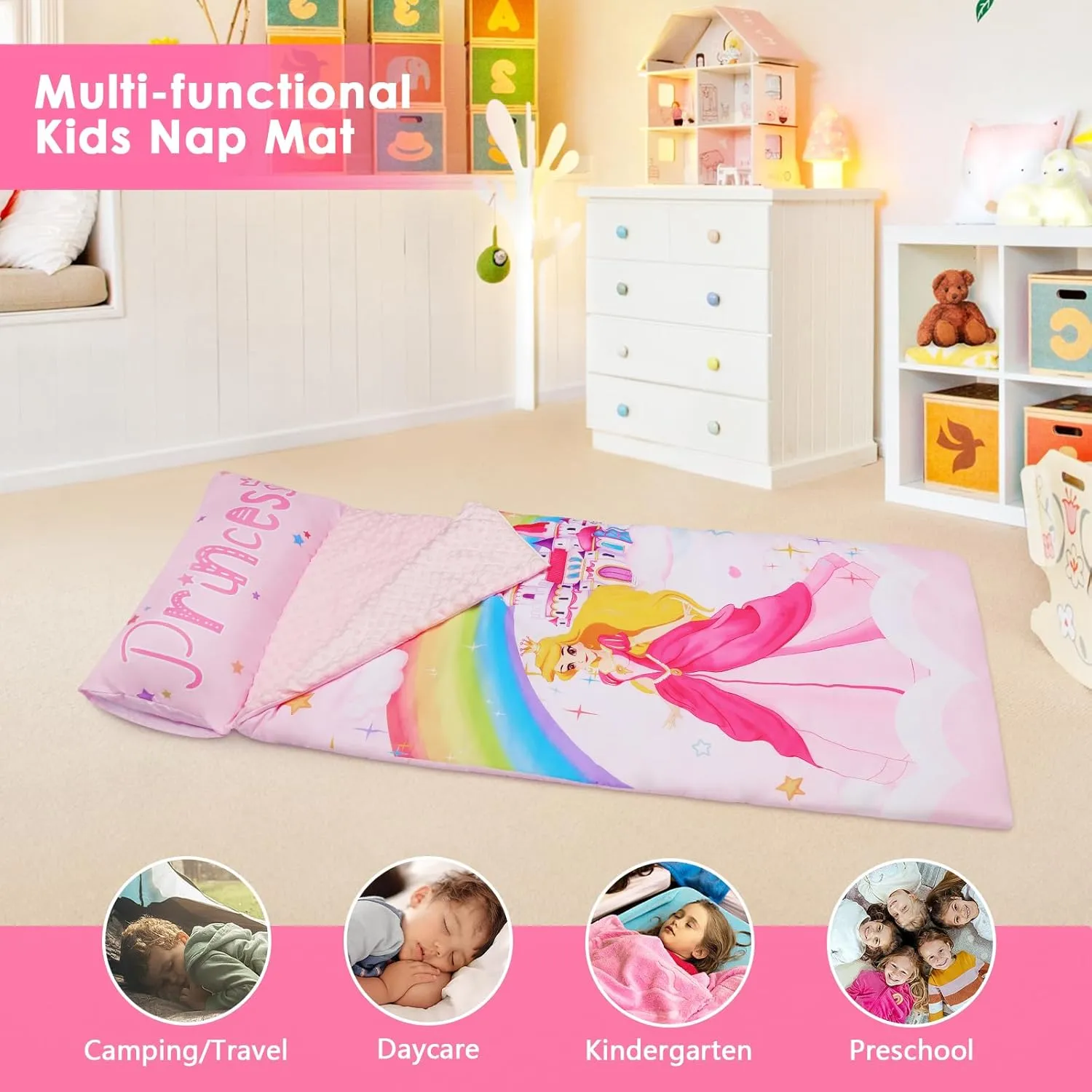 Kids Sleeping Bag Toddler Nap Mat with Removable Pillow, Large Foldable Sleeping Bag for Girls Boys, Easy Clean Slumber Bag with Double Zip for Camping School Preschool Daycare, 59×24 inch
