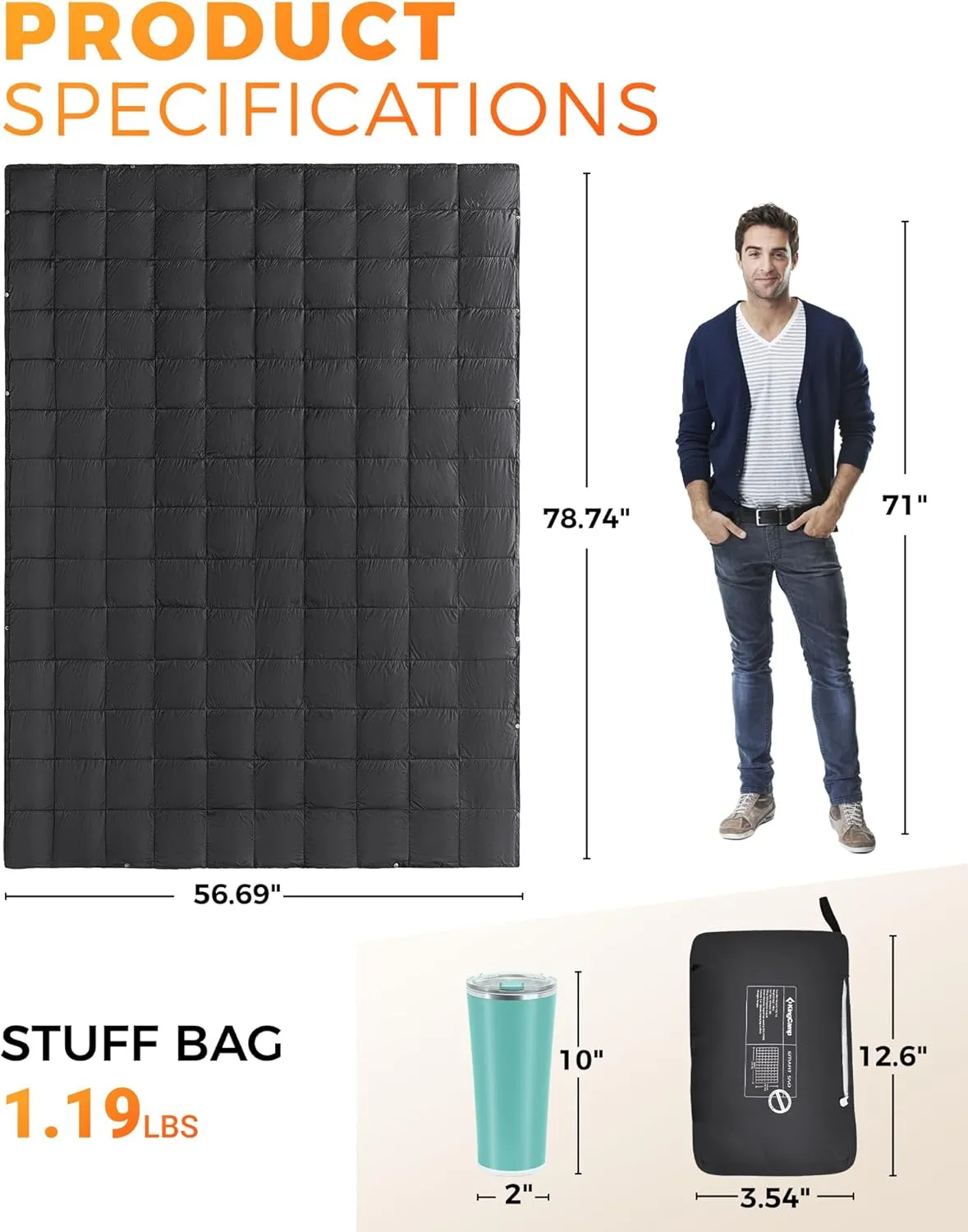 KingCamp Down Camping Blanket - Lightweight, Multifunctional Quilt for Camping with Snap Button, Portable for Stadium, Travel, Airplane, Picnic, Indoor & Outdoor, Provides Warmth