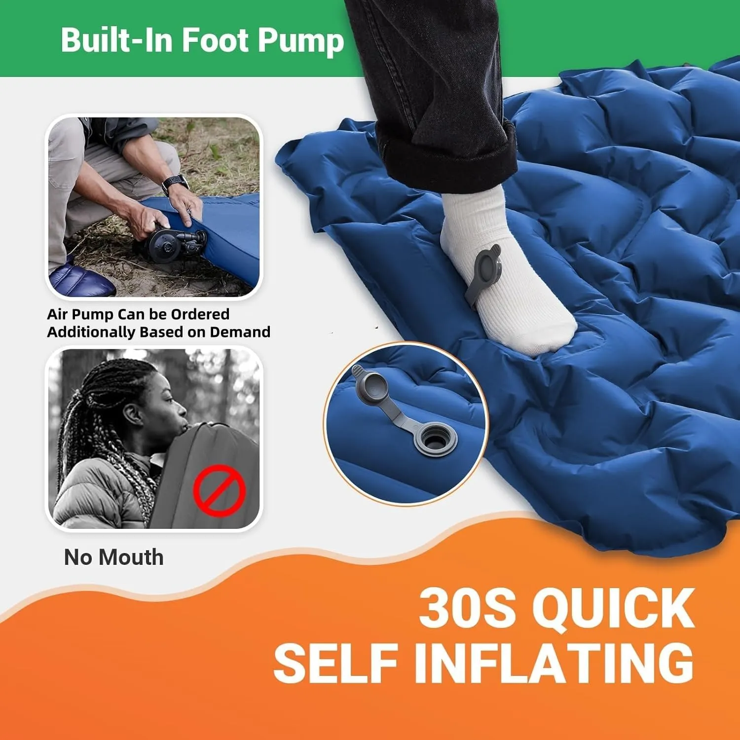 KingCamp Self Inflating Camping Mattress with Built-in Foot Pump, Connectable Durable Inflatable Sleeping Mat with Pillow, Compact Camping Air Mattress for Hiking