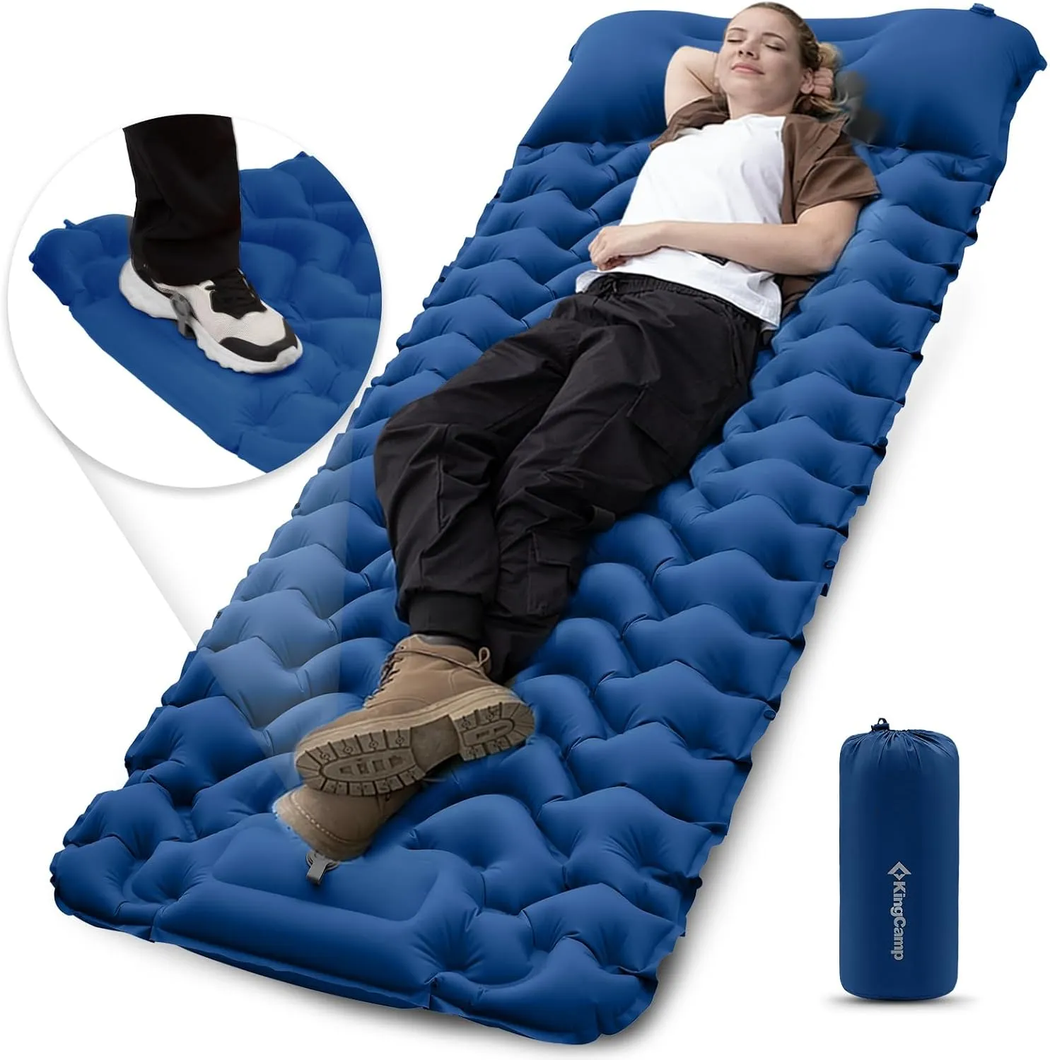 KingCamp Self Inflating Camping Mattress with Built-in Foot Pump, Connectable Durable Inflatable Sleeping Mat with Pillow, Compact Camping Air Mattress for Hiking