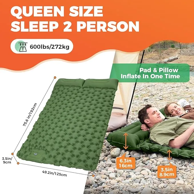 KingCamp Sleeping Pads for Camping, Self Inflating Camping Mattress with Built-in Foot Pump, Connectable Durable Inflatable Sleeping Mat with Pillow, Compact Camping Air Mattress for Camping Hiking