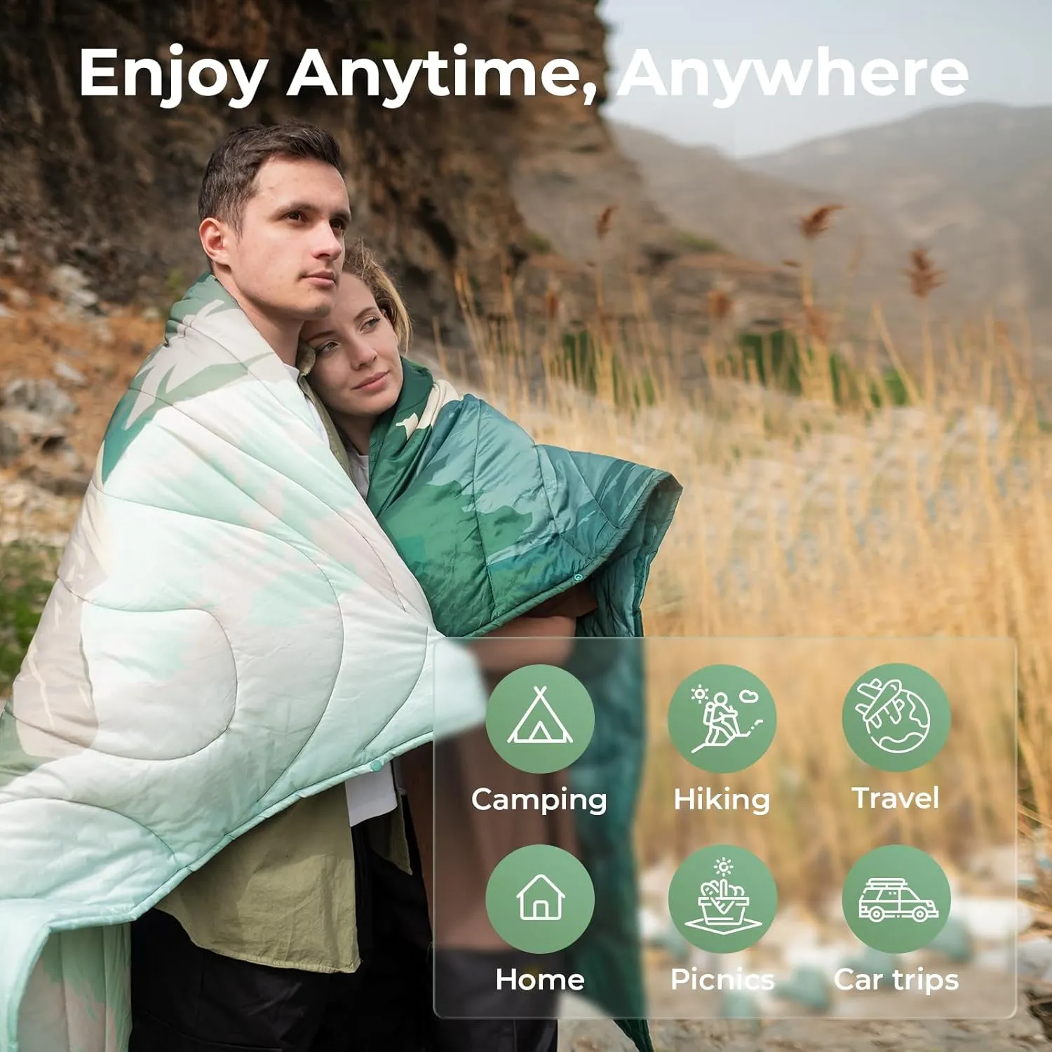 KingCamp Ultralight Camping Blanket, Packable Down Alternative Puffy Printed Wearable Blanket with Snap Buttons & Corner Loops Weatherproof Quilt for Outdoor Travel Stadium (79"L x 57"W, GREEN)