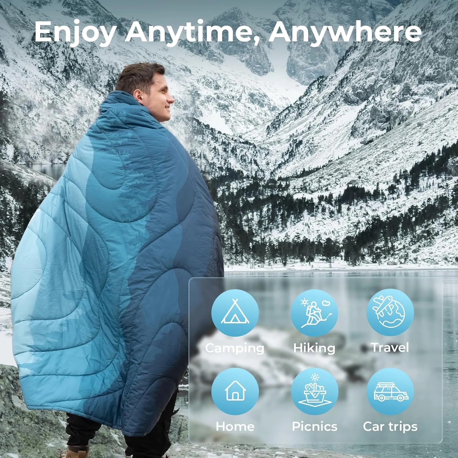 KingCamp Ultralight Camping Blanket, Packable Down Alternative Puffy Printed Wearable Blanket with Snap Buttons & Corner Loops Weatherproof Quilt for Outdoor Travel Stadium (79"L x 57”W, CYAN)