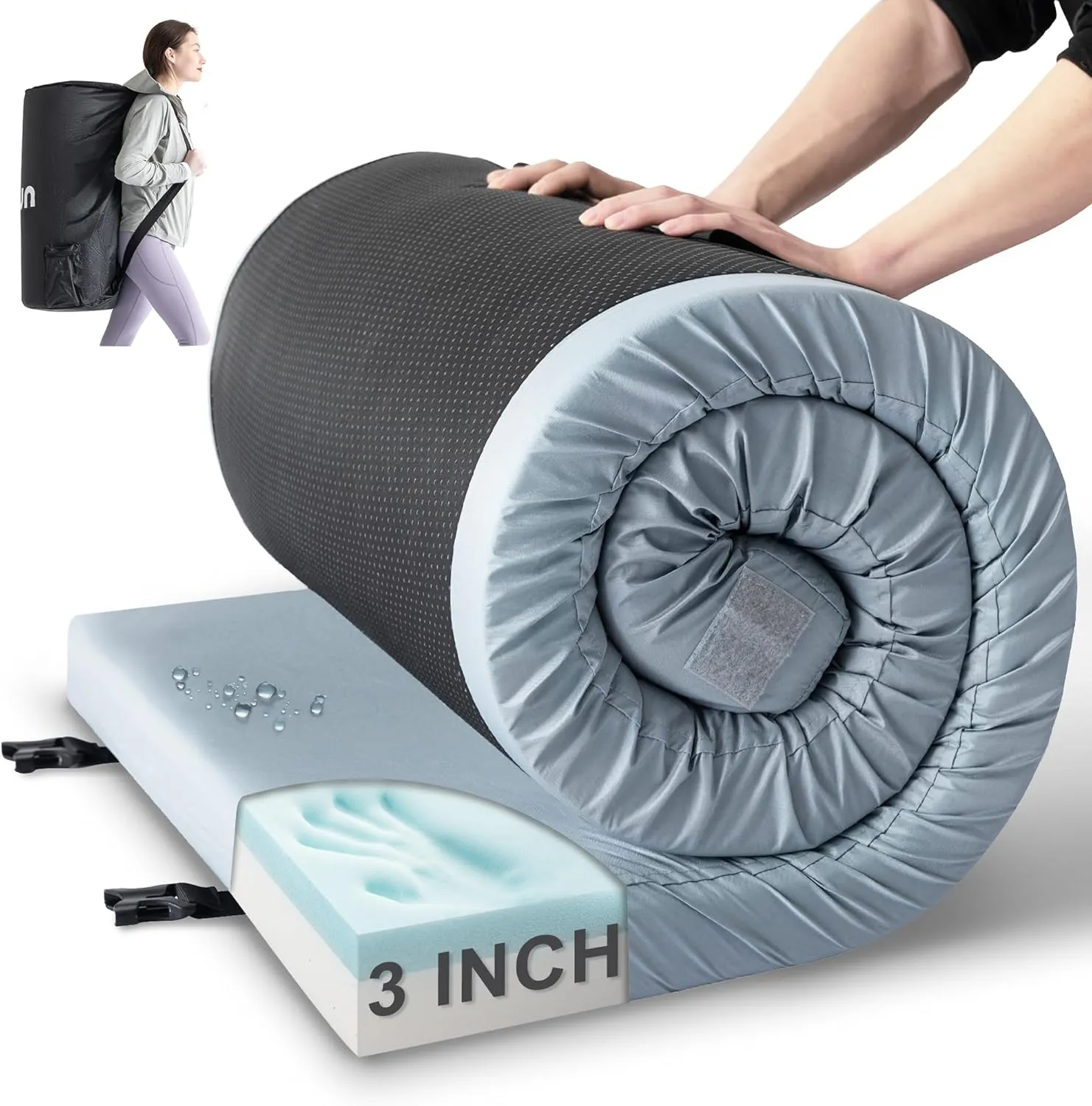 Kingfun Memory Foam Camping Sleeping Pad, CertiPUR-US Camping Mattress Waterproof Roll Up Mattress Guest Bed, Thick Floor Sleeping Mat for Car Truck Tent for Adults with Travel Bag
