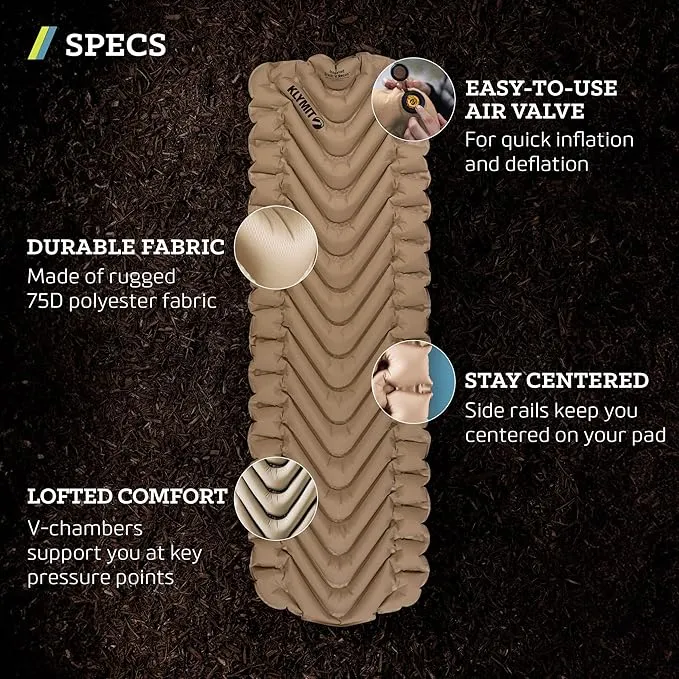 KLYMIT Insulated Static V Inflatable Sleeping Pad | Comfortable, Lightweight, Easy to Inflate, Portable Air Bed Mattress for Camping, Backpacking and Hiking — Coyote Sand