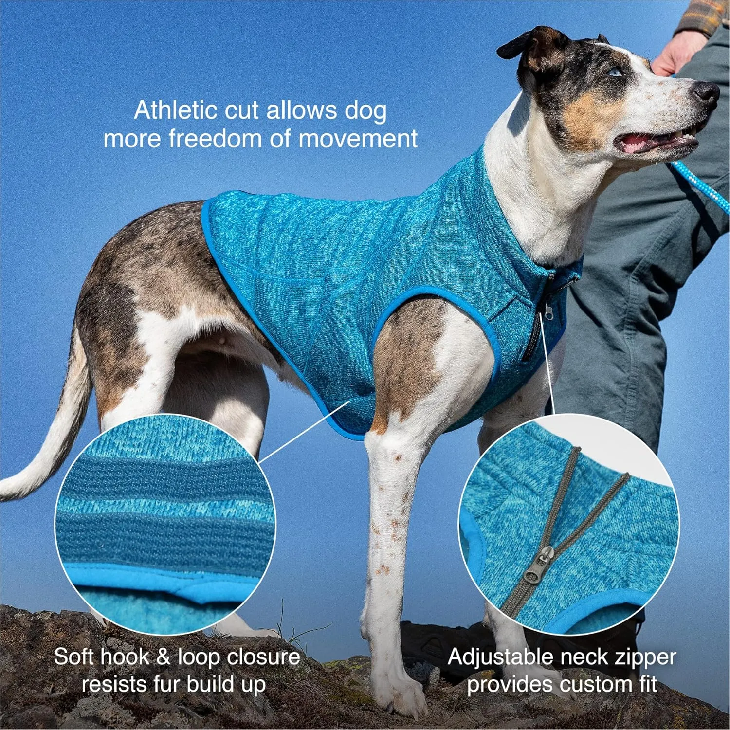 Kurgo Core Dog Sweater, Knit Dog Sweater with Fleece Lining, Cold Weather Pet Jacket, Zipper Opening for Harness, Adjustable Neck, Year-Round Sweater for Small Dogs (Heather Blue, X-Small)