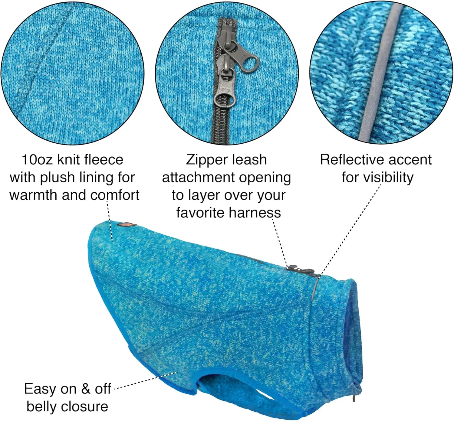 Kurgo Core Dog Sweater, Knit Dog Sweater with Fleece Lining, Cold Weather Pet Jacket, Zipper Opening for Harness, Adjustable Neck, Year-Round Sweater for Small Dogs (Heather Blue, X-Small)